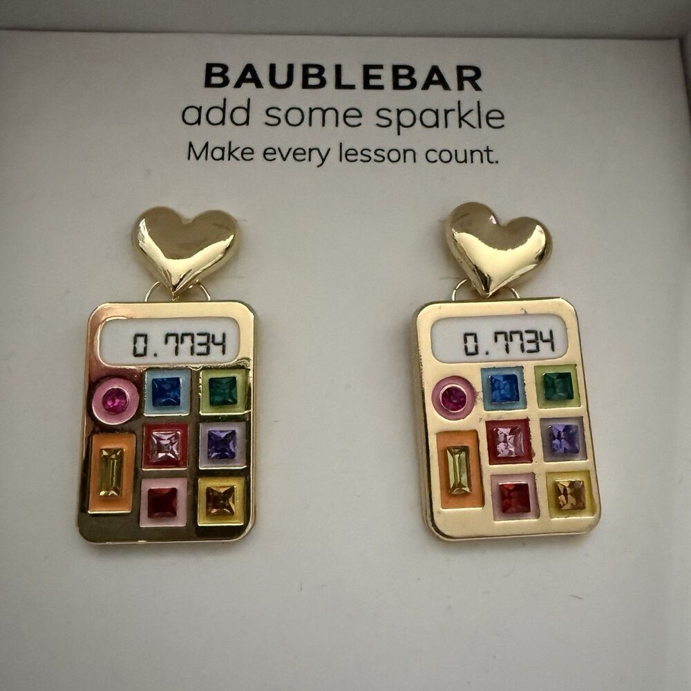 Baublebar Heart with Dangling Sparkle Calculator Earrings Math Teacher Gift New - Picture 2 of 3